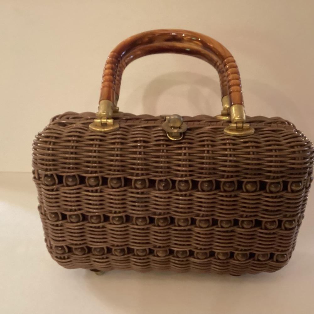 Vintage 1960s wicker and bead purse, brown,.